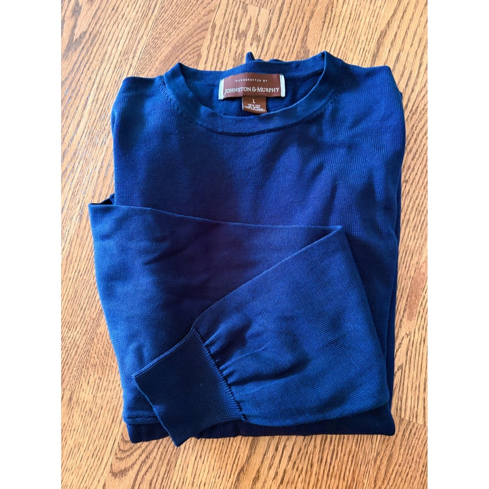 Johnston & Murphy 100% Silk Fine Knit Sweater Mens L Navy Blue Crewneck Knit
